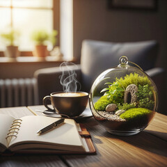 Cozy morning scene with a steaming coffee cup and a miniature garden terrarium. Journaling and relaxation at home with an open notebook. Mindfulness and biophilic design concept