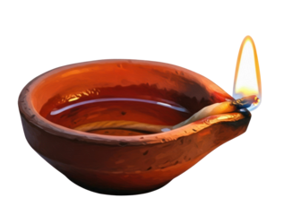 A lit clay oil lamp with a flame on a white background.