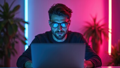 Man works on laptop in neon light interior. Male in glasses looks at screen. Person typing, coding, works at night at desk with modern plant decor.