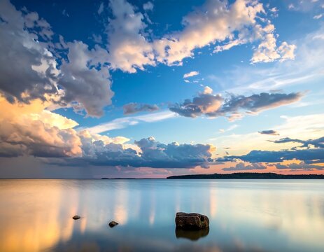 Calm lake at sunset with dramatic clouds
