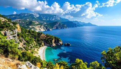 A breathtaking coastal landscape. Turquoise waters meet a pebbled beach, framed by lush green cliffs and majestic mountain peaks under a blue sky
