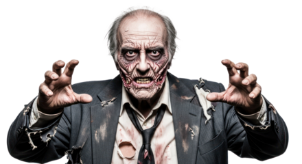 A man with a zombie-like appearance, wearing a suit and tie, with bloodied hands and a bloody face, standing against a white background.