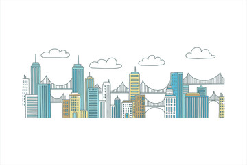 Obraz premium Simple line art city skyline with bridges and clouds in pastel colors urban architecture
