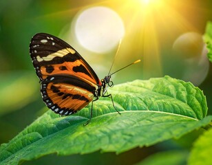 Obraz premium Orange Butterfly on Green Leaf in Sunlight.