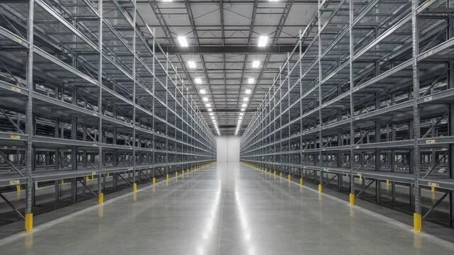 Empty Warehouse Interior with Shelving and Concrete Floor