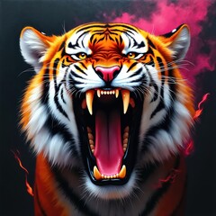 Obraz premium Roaring tiger portrait with open mouth. Bengal cat showing canines. Wild animal roars in aggression. Predator demonstrates power. Illustration design element for mascot in sport game. Dangerous