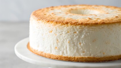 Golden Brown Angel Food Cake with Delicate Texture on White Cake Stand Soft Light Studio Shot