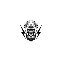 Bearded man with crown and laurel wreath, framed by lightning, black graphic
