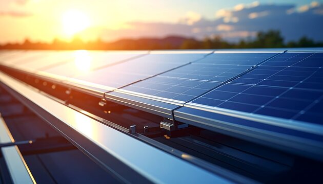 A close-up angle reveals a solar panel array installed on a building's roof. The sun sets in the background, casting a golden hue