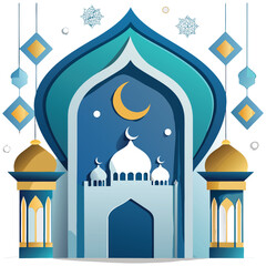 Islamic Mosque Illustration with Crescent Moon and Hanging Lanterns,Ramadan Kareem Background,Ramadan and Eid Mubarak Background
