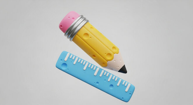 Cartoon pencil and ruler isolated on white background, representing education, learning, and creative design for school projects