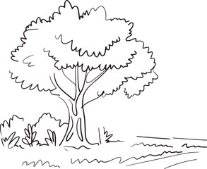 A simple black and white line drawing of a tree and bushes nature sketch