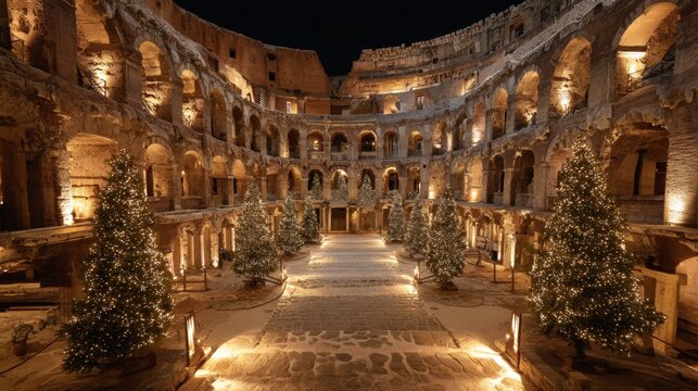Inside the Roman Colosseum with Christmas decorations in December