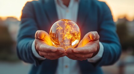 Fototapeta premium Man Holding Glowing Orb with Global Connections