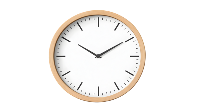 Simple wooden wall clock isolated on transparent background displaying the time with a minimalist aesthetic