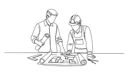 One-Line Vector Drawing of Architect or Engineer Reviewing Blueprints, Minimalist Black and White Illustration of Planning and Design in Construction Projects