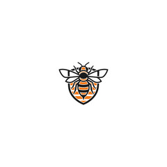 Graphic illustration of a black outline bee on a shield with orange horizontal stripes