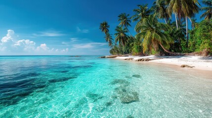 Naklejka premium Tropical beach featuring clear turquoise water, white sand, palm trees, and bright sunny sky, creating a vibrant, relaxing atmosphere.