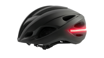 Black cycling helmet with angular vents and bright rear LED safety strip.