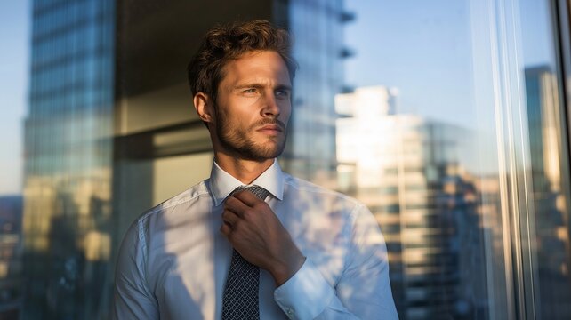 A confident businessman in the morning, fixing his tie in a glass office with a reflection of the city skyline