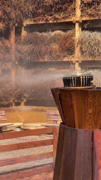 Brine graduation tower inhalationat the resort of Konstancin-Jeziorna in Poland .The salt cooling tower is a giant outdoor inhaler. Cooling towers are wooden structures used to evaporate brine.