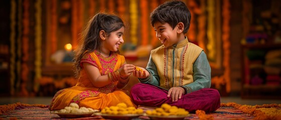 A young Indian brother and sister enjoy eating laddu or laddoo sweets while celebrating Raksha Bandhan or the Diwalii festival. © Sawitree88