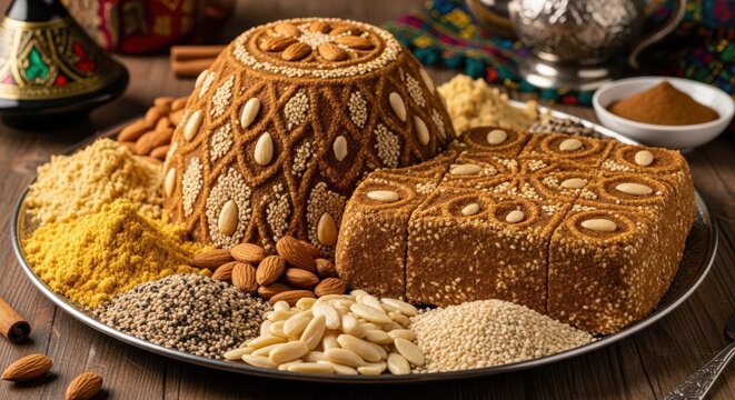 Traditional sellou sweet dessert in a platter for special occasions, presented with nuts. Authentic sellou, culinary treasure of Morocco, a delectable confectionery,