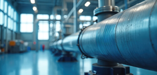 Obraz premium Long metal pipeline system extends horizontally across clean blue floor inside modern industrial facility. Bright windows provide natural light. Essential tech infrastructure transports vital energy