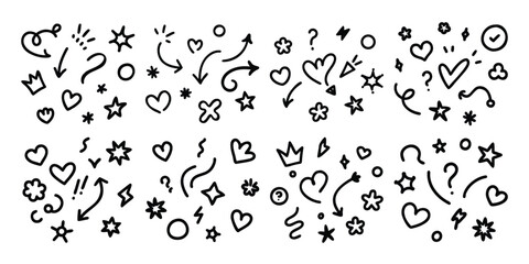 Collection of hand drawn doodle elements including arrows hearts stars and crowns on white background