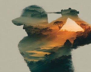 Golfing silhouette merges with misty sunrise over lush golf course, inspiring ambition and pursuit of excellence.