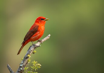 Fototapeta premium Vibrant red bird perched on a weathered branch against a soft green background.