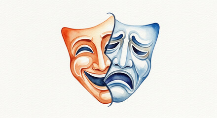 A split theatrical mask showing the duality of human emotion, with one side expressing joy and the other expressing sadness, isolated on white background