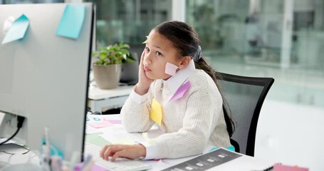 Business, tired and girl with computer, kid and exhausted with burnout, investment and costume. Chaos, overworked and childhood with pc, email or fatigue with deadline, rest or pretend with role play - Powered by Adobe