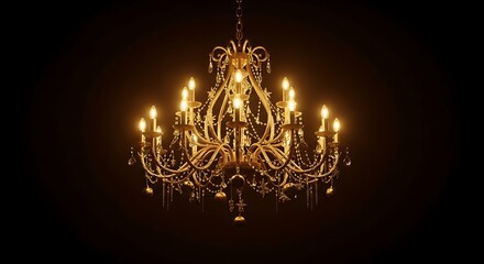 Elegant ornate brass chandelier illuminated with warm glowing lights fixture