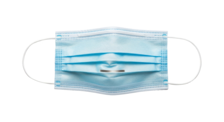 A blue surgical mask with a white background.