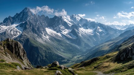 Majestic alpine scene featuring the Grand Col Ferret summit, with dramatic peaks and scenic landscapes stretching across the European Alps.