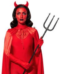 A woman dressed as a devil with red makeup and a red cape holding a trident.