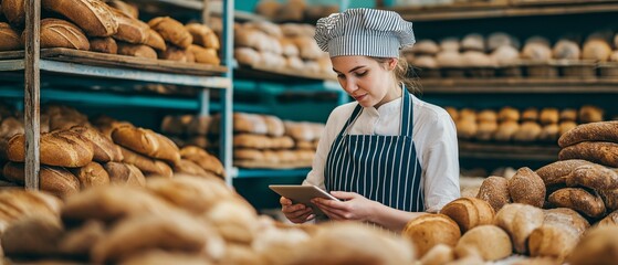 A contented female baker searching for recipes on a smart tablet while working in a bakery, small company concepts