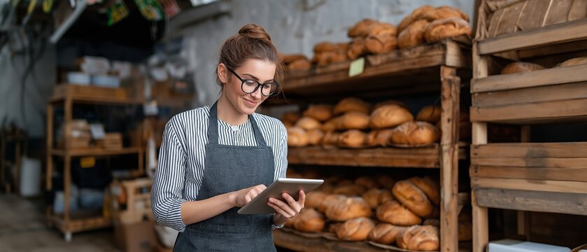A contented female baker searching for recipes on a smart tablet while working in a bakery, small company concepts