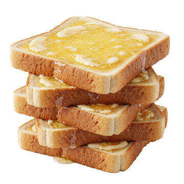 A stack of buttered toast slices isolated on a white background showcasing a fluffy texture in a photorealistic style.