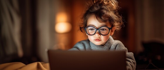 A young youngster wearing glasses uses a laptop to study.