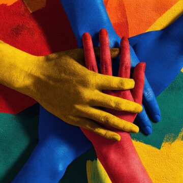 Four multicolored hands meet at the center over a vivid abstract background, symbolizing creative unity and joyful collaboration in a bold artistic space.