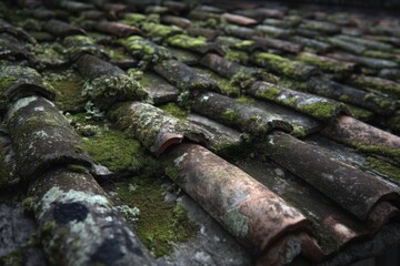 Close-up of a decaying tile roof covered in mold and moss, with cracked, weathered surfaces under soft, overcast light.