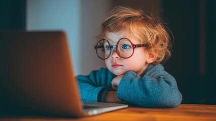 A young youngster wearing glasses uses a laptop to study.