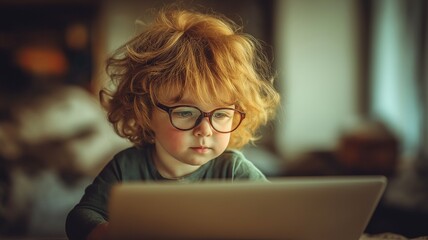 A young youngster wearing glasses uses a laptop to study.