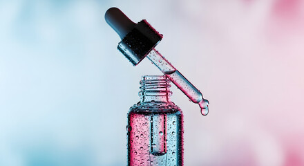 Precision liquid drop from glass dropper bottle with condensation, vibrant blue and pink gradient. Skincare, serum, science, beauty, wellness.