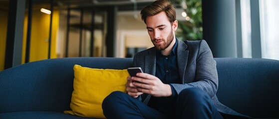 Handsome ceo is sitting on the office sofa, using his phone to check social media applications.