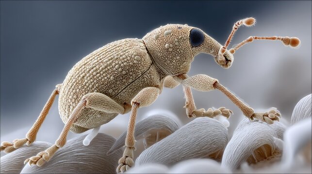 Microscopic view of a weevil on rye in a clinical lab setting, showing intricate textures and biological detail with a clean, sterile background.