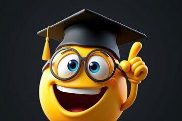 Smiling Emoji Graduation Cap Glasses Pointing Upward Bright Idea Dark Background