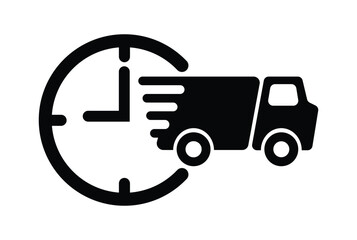 Black vector icon of a delivery truck with speed lines, "24H" text, and a large outline clock. Represents 24-hour delivery, express shipping, and fast logistics service guarantee.